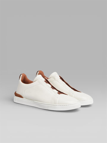 ZEGNA Triple Stitch™ Leather Sneaker – White / Tan