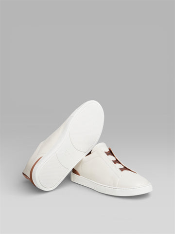 ZEGNA Triple Stitch™ Leather Sneaker – White / Tan