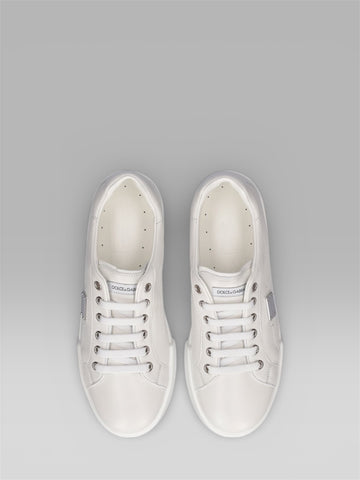DOLCE & GABBANA Portofino Leather Sneakers with Logo Plaque – White