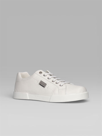 DOLCE & GABBANA Portofino Leather Sneakers with Logo Plaque – White