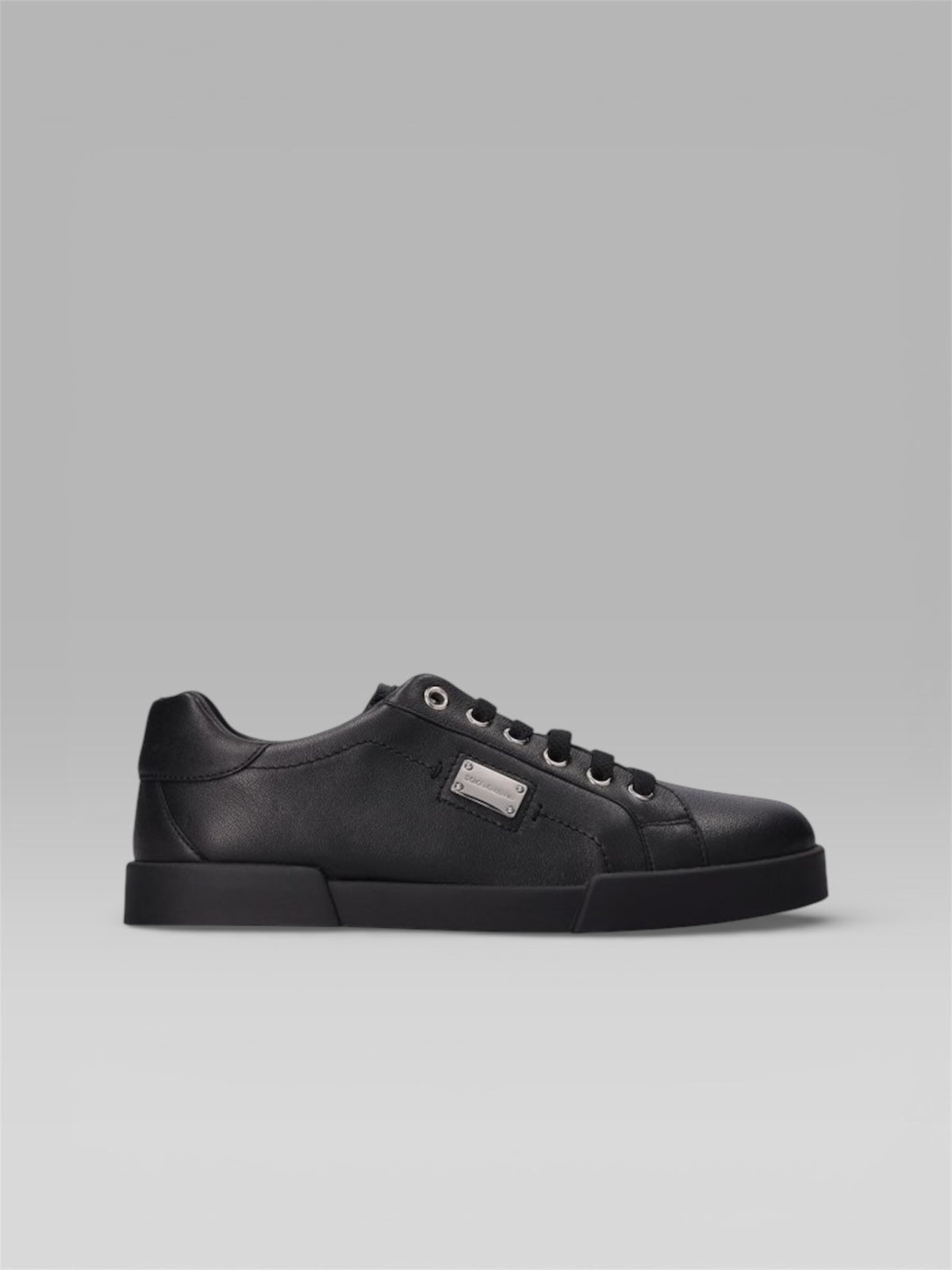 DOLCE & GABBANA Portofino Leather Sneakers with Logo Plaque – Black