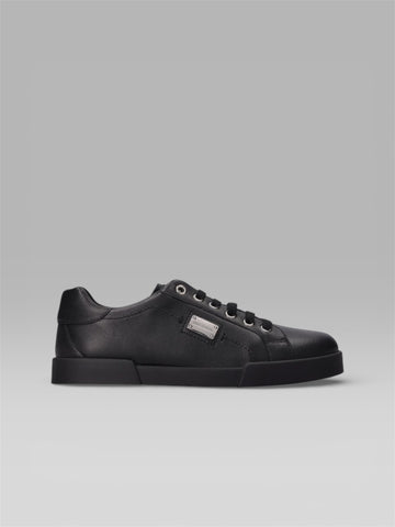 DOLCE & GABBANA Portofino Leather Sneakers with Logo Plaque – Black