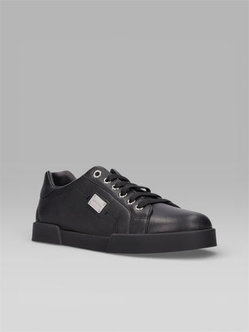 DOLCE & GABBANA Portofino Leather Sneakers with Logo Plaque – Black
