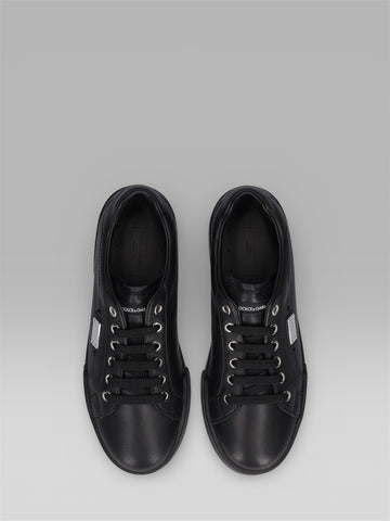 DOLCE & GABBANA Portofino Leather Sneakers with Logo Plaque – Black